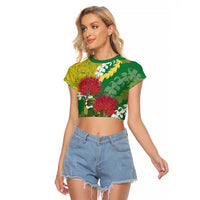 Personalized Leilehua Hawaii High School Raglan Cropped T Shirt Puakenikeni Lei Hawaiian Pattern LT14 Female Green - Polynesian Pride