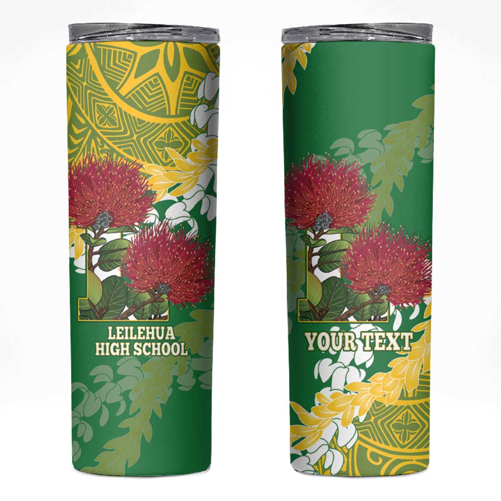 Personalized Leilehua Hawaii High School Skinny Tumbler Puakenikeni Lei Hawaiian Pattern LT14 Green - Polynesian Pride
