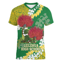 Personalized Leilehua Hawaii High School Women V-Neck T-Shirt Puakenikeni Lei Hawaiian Pattern LT14 Female Green - Polynesian Pride