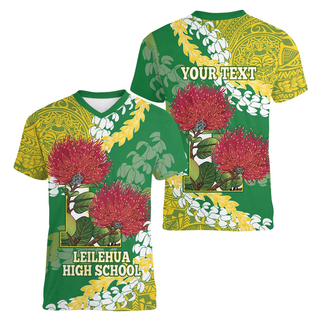 Personalized Leilehua Hawaii High School Women V-Neck T-Shirt Puakenikeni Lei Hawaiian Pattern LT14 - Polynesian Pride