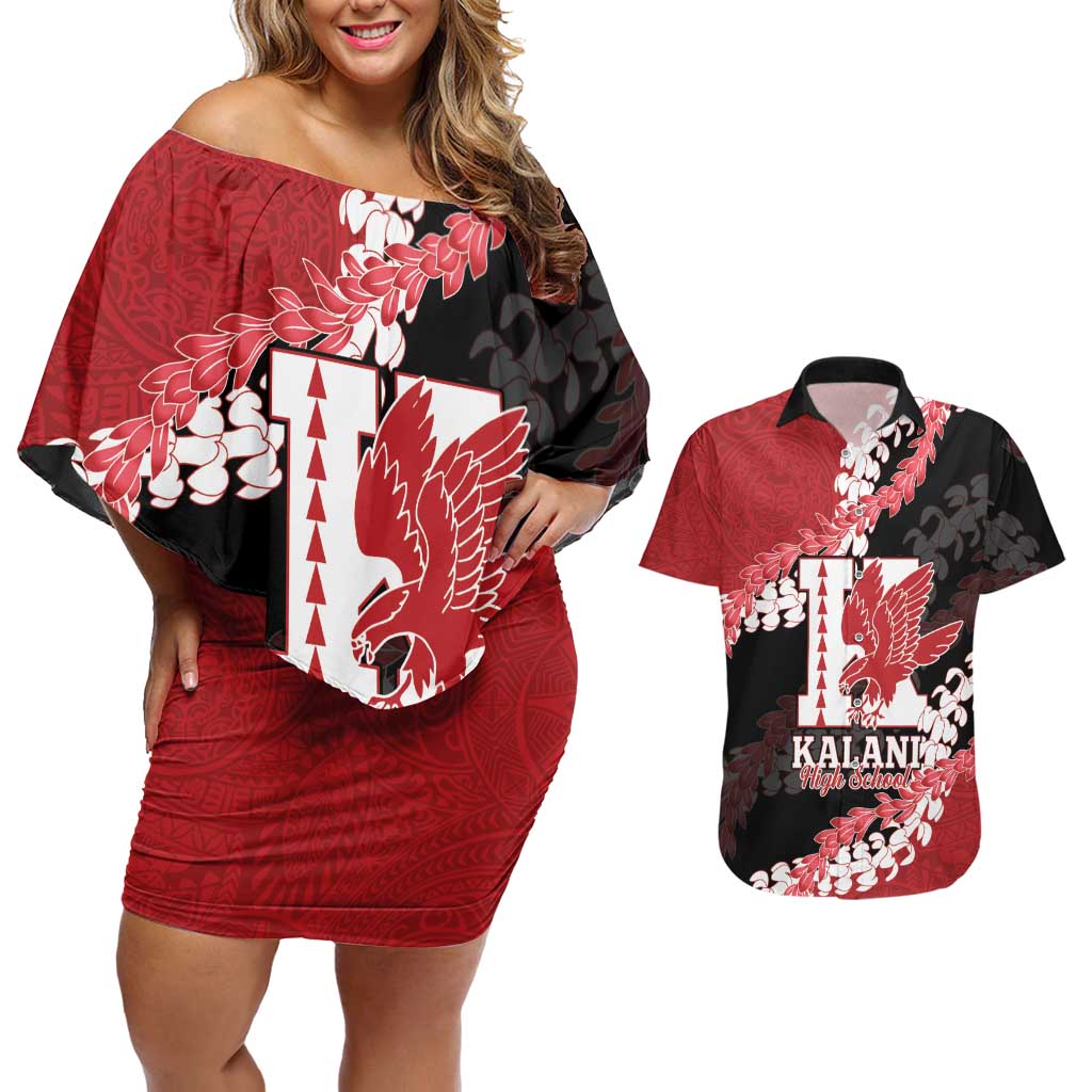 Personalized Kalani Hawaii High School Couples Matching Off Shoulder Short Dress and Hawaiian Shirt Puakenikeni Lei Hawaiian Pattern LT14 Red - Polynesian Pride