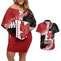 Personalized Kalani Hawaii High School Couples Matching Off Shoulder Short Dress and Hawaiian Shirt Puakenikeni Lei Hawaiian Pattern LT14 Red - Polynesian Pride