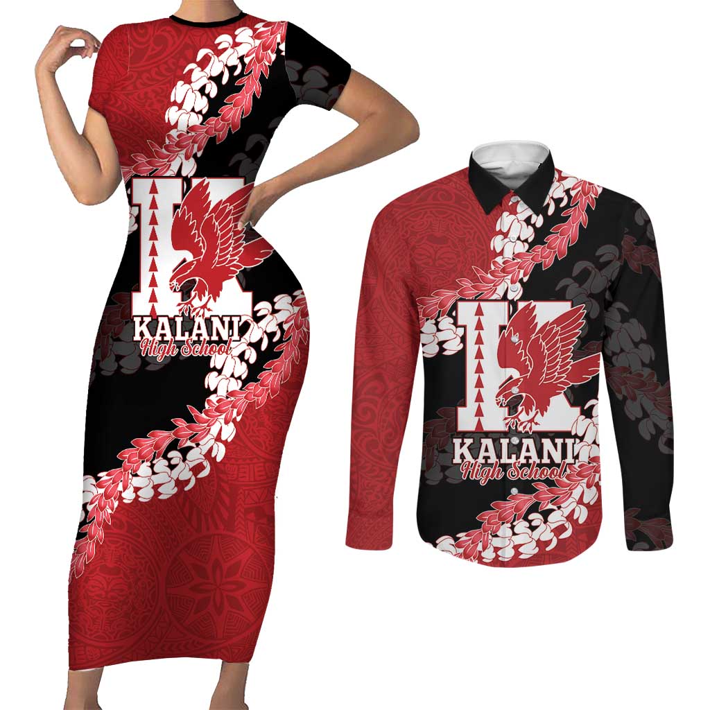 Personalized Kalani Hawaii High School Couples Matching Short Sleeve Bodycon Dress and Long Sleeve Button Shirt Puakenikeni Lei Hawaiian Pattern LT14 Red - Polynesian Pride