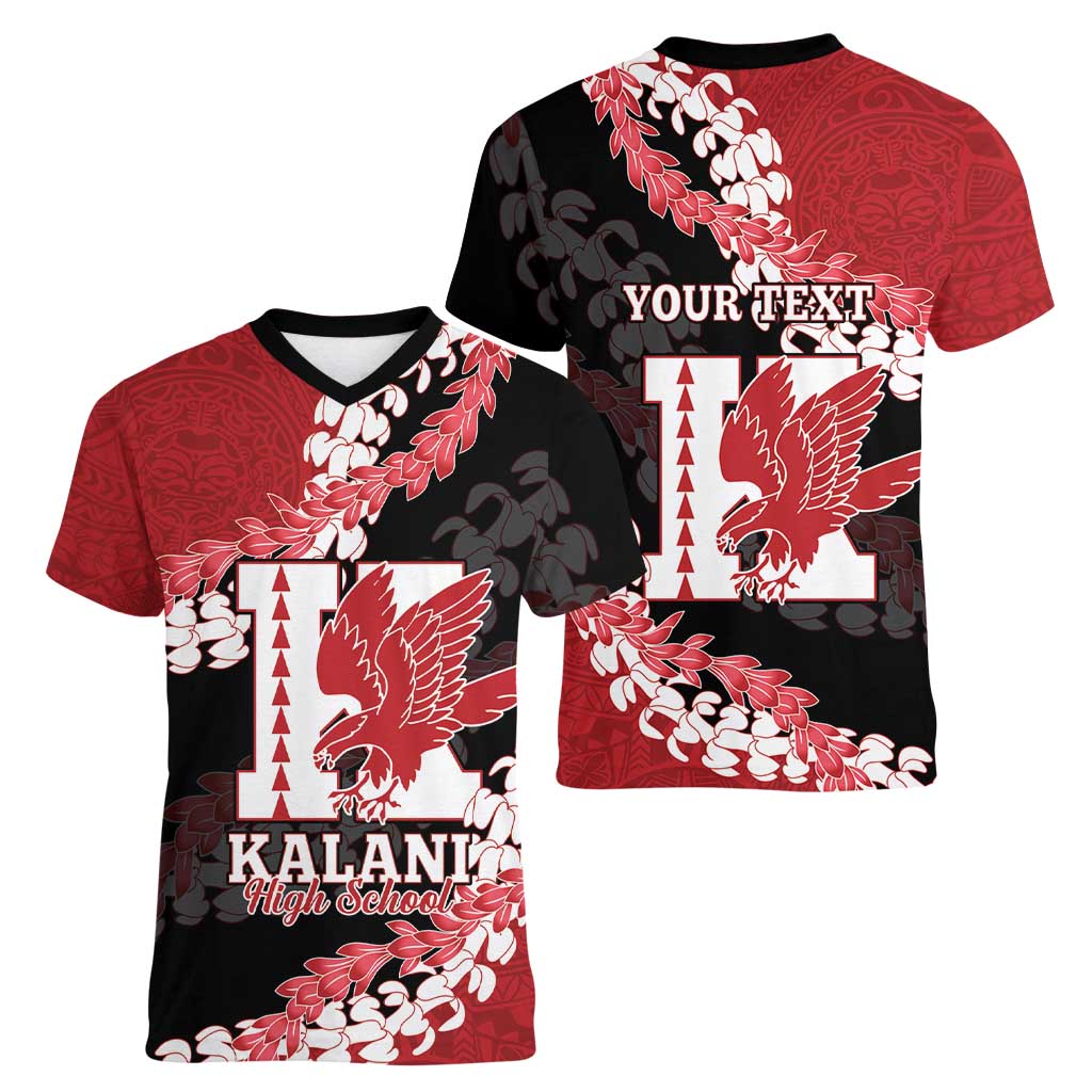 Personalized Kalani Hawaii High School Women V-Neck T-Shirt Puakenikeni Lei Hawaiian Pattern - Polynesian Pride