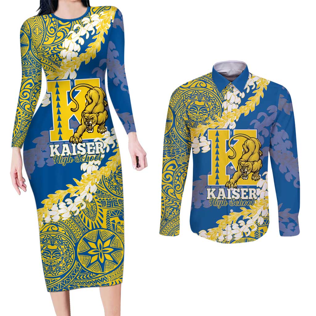 Personalized Kaiser Hawaii High School Couples Matching Long Sleeve Bodycon Dress and Long Sleeve Button Shirt Puakenikeni Lei Hawaiian Pattern LT14 Blue - Polynesian Pride
