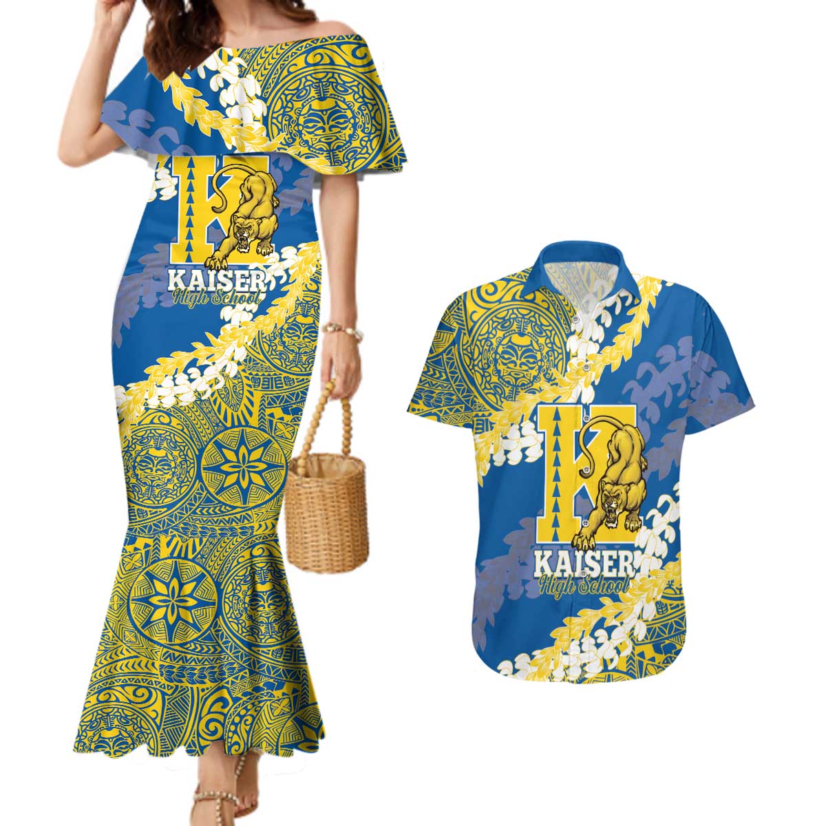 Personalized Kaiser Hawaii High School Couples Matching Mermaid Dress and Hawaiian Shirt Puakenikeni Lei Hawaiian Pattern LT14 Blue - Polynesian Pride