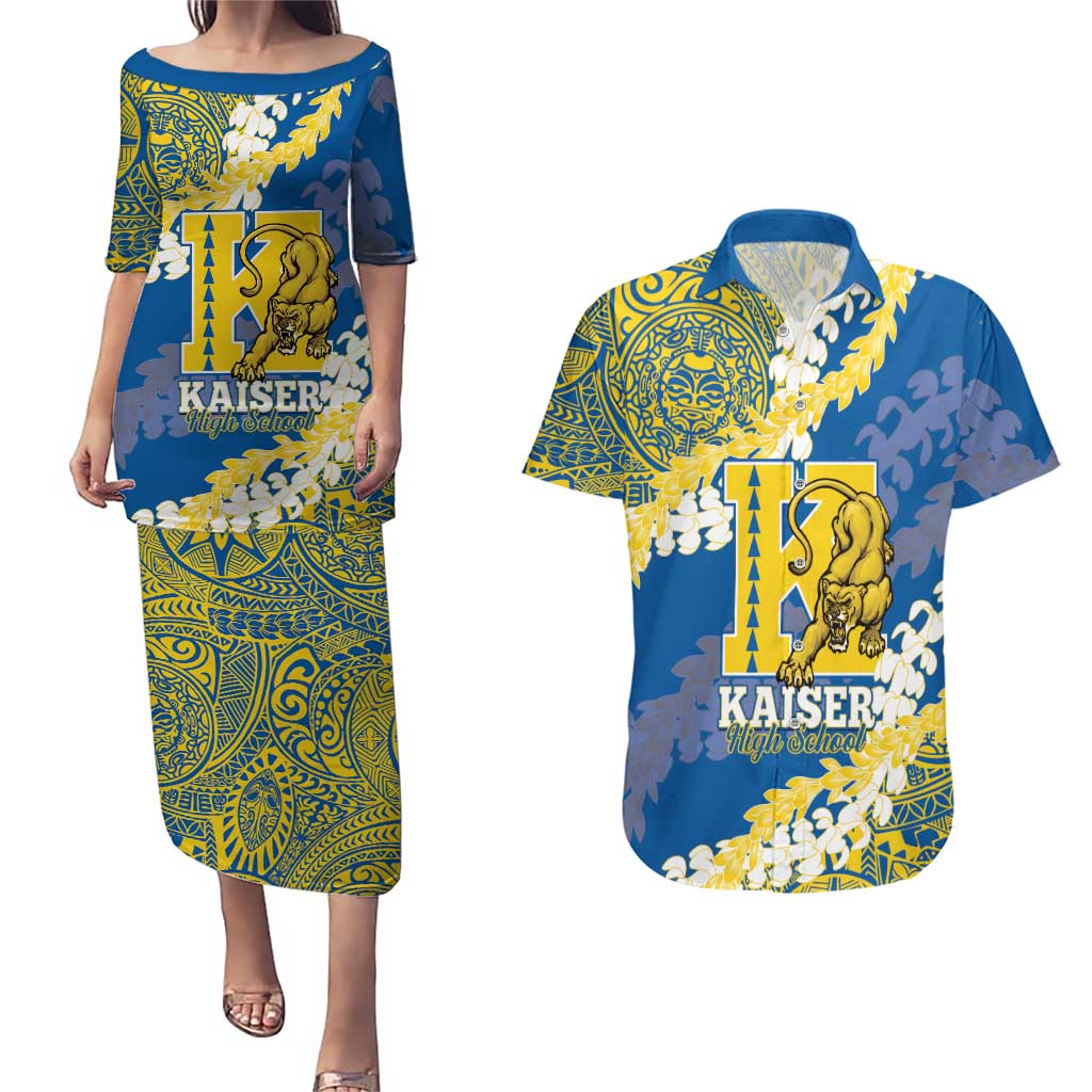 Personalized Kaiser Hawaii High School Couples Matching Puletasi and Hawaiian Shirt Puakenikeni Lei Hawaiian Pattern LT14 Blue - Polynesian Pride