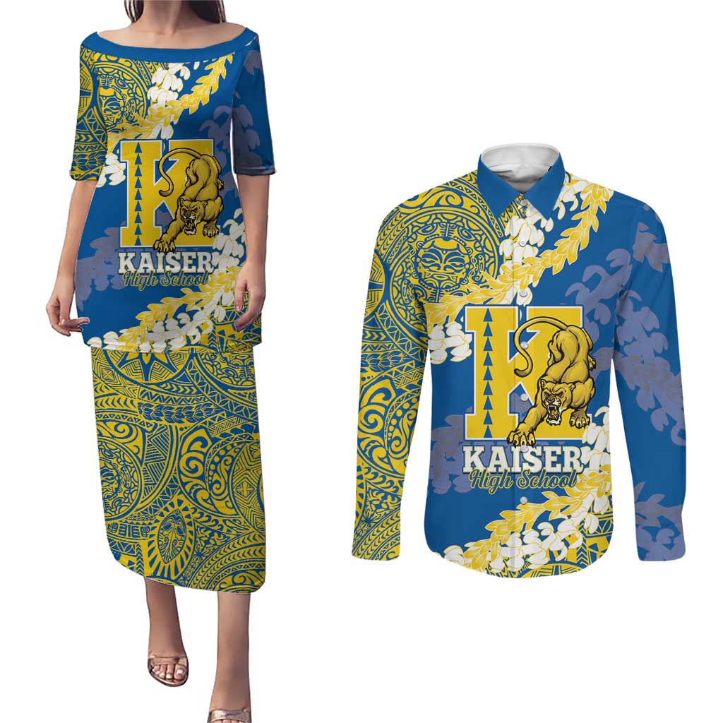 Personalized Kaiser Hawaii High School Couples Matching Puletasi and Long Sleeve Button Shirt Puakenikeni Lei Hawaiian Pattern - Polynesian Pride