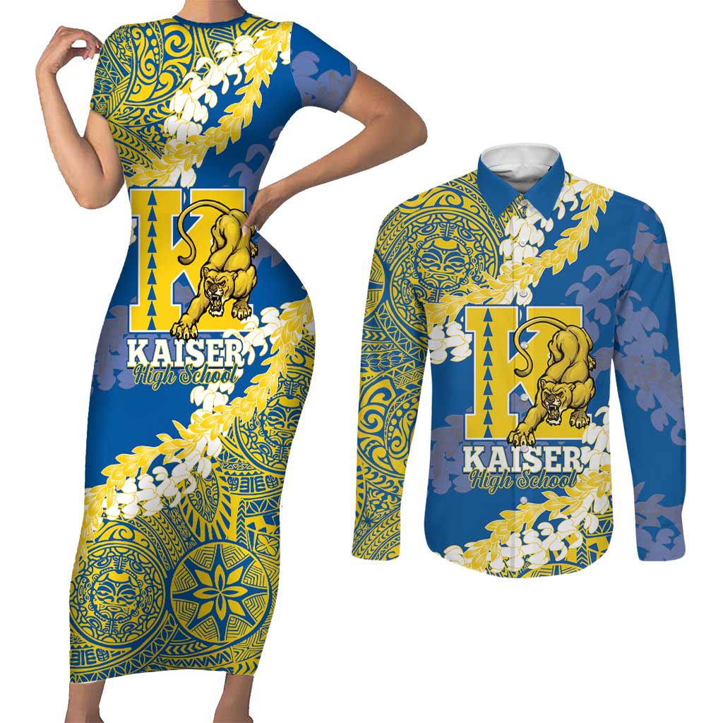 Personalized Kaiser Hawaii High School Couples Matching Short Sleeve Bodycon Dress and Long Sleeve Button Shirt Puakenikeni Lei Hawaiian Pattern LT14 Blue - Polynesian Pride