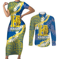 Personalized Kaiser Hawaii High School Couples Matching Short Sleeve Bodycon Dress and Long Sleeve Button Shirt Puakenikeni Lei Hawaiian Pattern LT14 Blue - Polynesian Pride