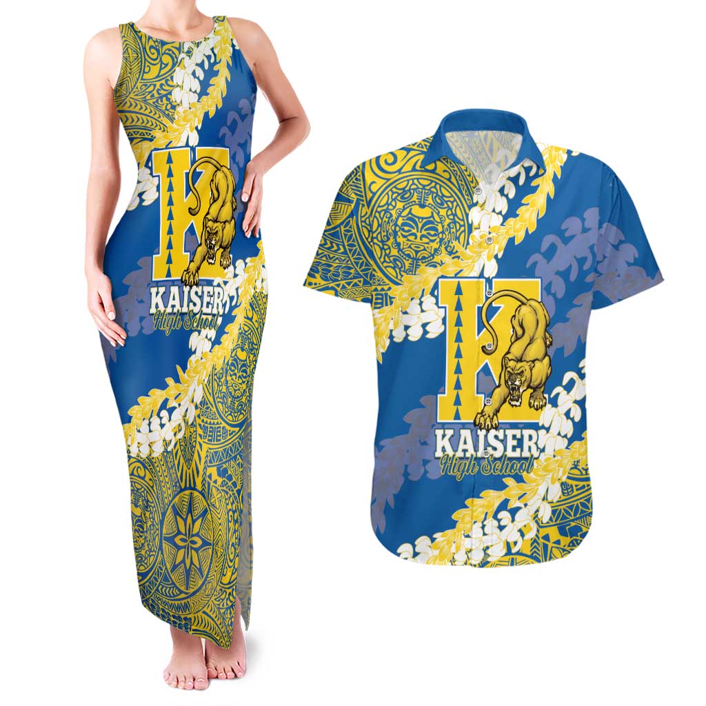 Personalized Kaiser Hawaii High School Couples Matching Tank Maxi Dress and Hawaiian Shirt Puakenikeni Lei Hawaiian Pattern LT14 Blue - Polynesian Pride
