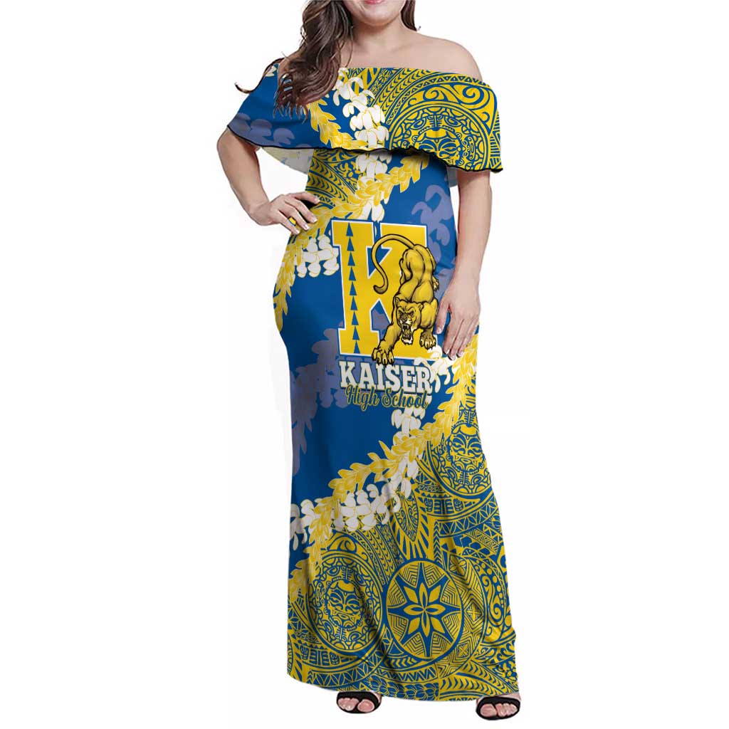 Personalized Kaiser Hawaii High School Family Matching Off Shoulder Maxi Dress and Hawaiian Shirt Puakenikeni Lei Hawaiian Pattern LT14 Mom's Dress Blue - Polynesian Pride