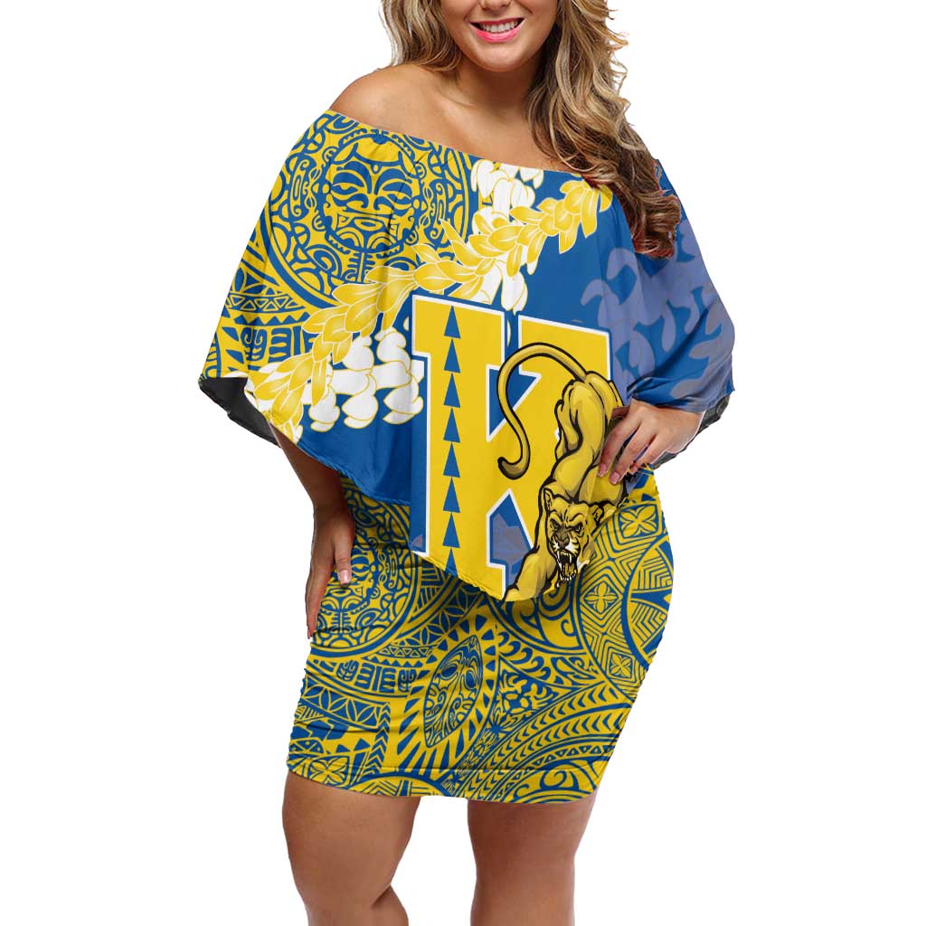 Personalized Kaiser Hawaii High School Family Matching Off Shoulder Short Dress and Hawaiian Shirt Puakenikeni Lei Hawaiian Pattern LT14 Mom's Dress Blue - Polynesian Pride