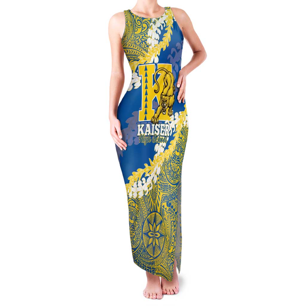 Personalized Kaiser Hawaii High School Family Matching Tank Maxi Dress and Hawaiian Shirt Puakenikeni Lei Hawaiian Pattern LT14 Mom's Dress Blue - Polynesian Pride
