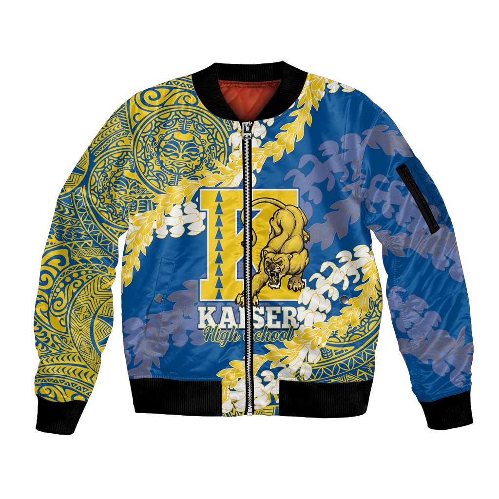 Personalized Kaiser Hawaii High School Sleeve Zip Bomber Jacket Puakenikeni Lei Hawaiian Pattern LT14 Unisex Blue - Polynesian Pride
