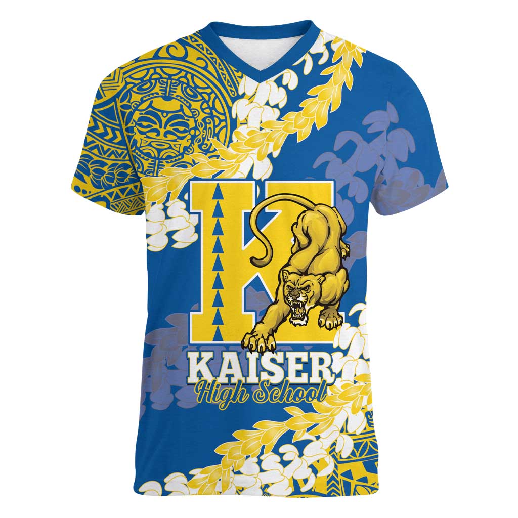 Personalized Kaiser Hawaii High School Women V-Neck T-Shirt Puakenikeni Lei Hawaiian Pattern - Polynesian Pride