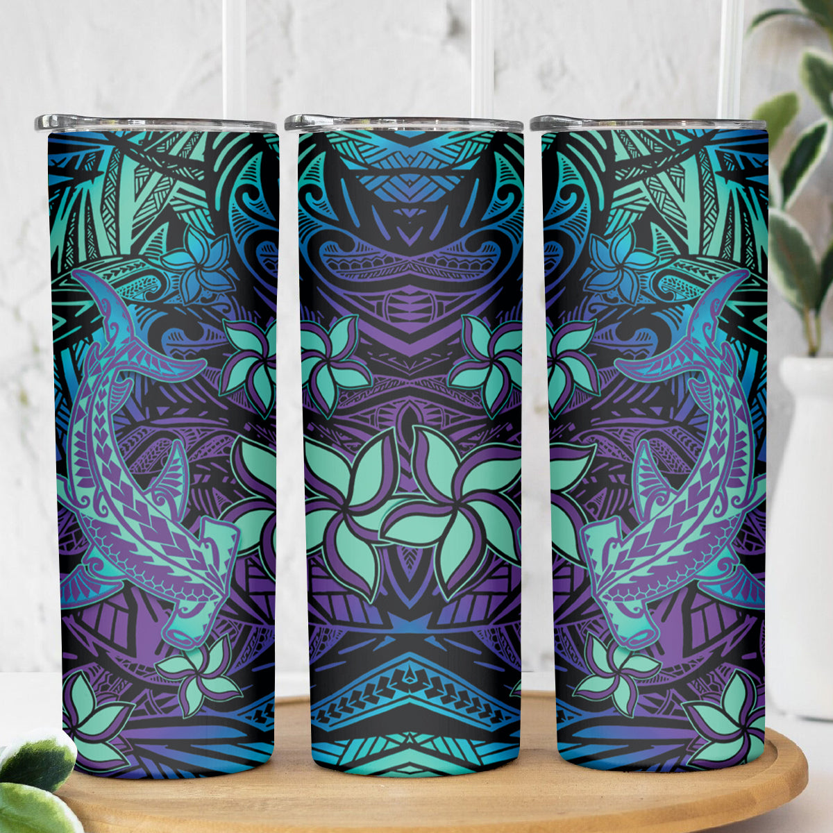 Purple Paradise Hawaiian Tribal Hammerhead Shark Skinny Tumbler LT14 - Polynesian Pride