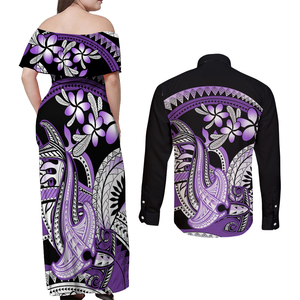 Purple Polynesian Couples Matching Off Shoulder Maxi Dress and Long Sleeve Button Shirt Hammerhead Shark Tattoo Royal Plumeria Gradient Vibes LT14 - Polynesian Pride