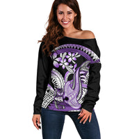 Purple Polynesian Off Shoulder Sweater Hammerhead Shark Tattoo Royal Plumeria Gradient Vibes LT14 Women Purple - Polynesian Pride