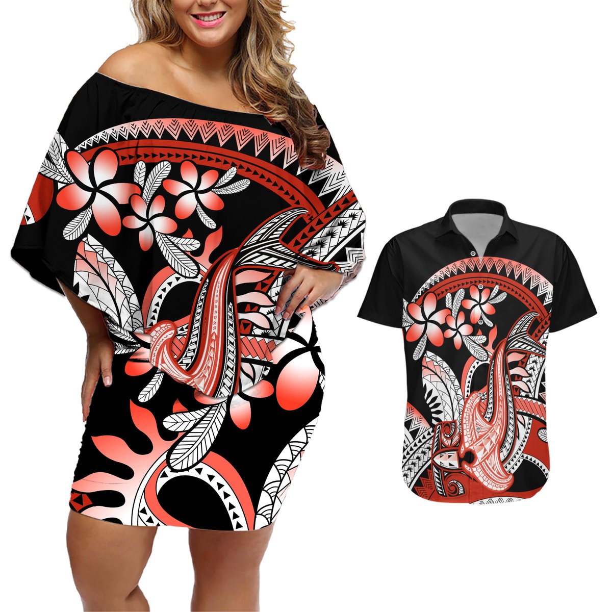 Red Polynesian Couples Matching Off Shoulder Short Dress and Hawaiian Shirt Hammerhead Shark Tattoo Royal Plumeria Gradient Vibes LT14 Red - Polynesian Pride