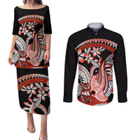 Red Polynesian Couples Matching Puletasi and Long Sleeve Button Shirt Hammerhead Shark Tattoo Royal Plumeria Gradient Vibes LT14 Red - Polynesian Pride