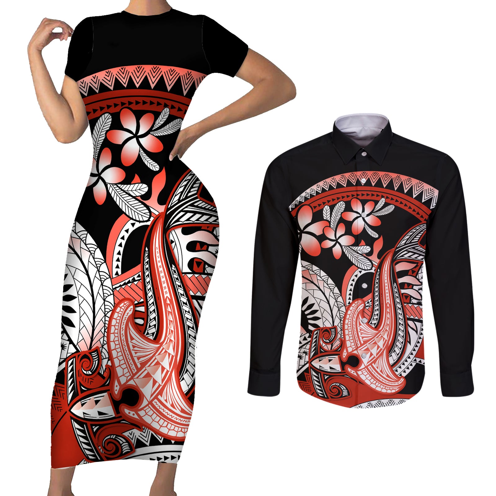 Red Polynesian Couples Matching Short Sleeve Bodycon Dress and Long Sleeve Button Shirt Hammerhead Shark Tattoo Royal Plumeria Gradient Vibes LT14 Red - Polynesian Pride