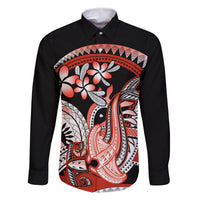 Red Polynesian Family Matching Tank Maxi Dress and Hawaiian Shirt Hammerhead Shark Tattoo Royal Plumeria Gradient Vibes LT14 Dad's Shirt - Long Sleeve Red - Polynesian Pride
