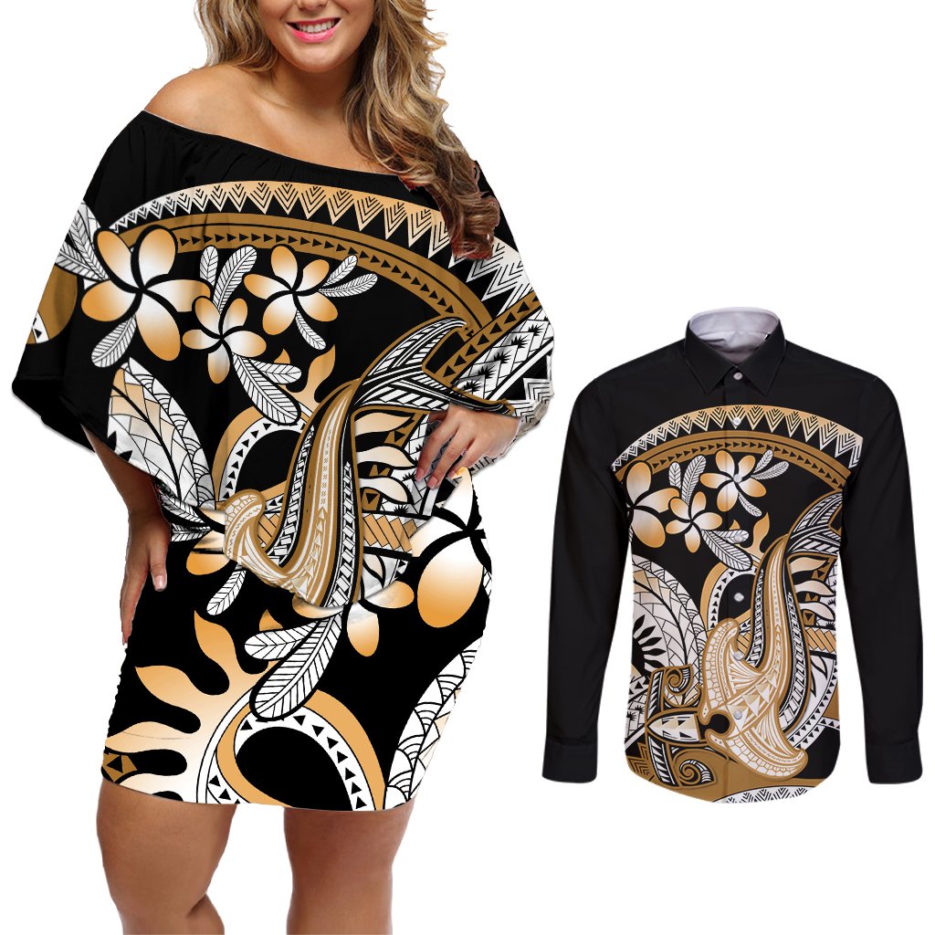 Gold Polynesian Hammerhead Shark Tattoo Couples Matching Off Shoulder Short Dress and Long Sleeve Button Shirt Royal Plumeria Gradient Vibes LT14 Gold - Polynesian Pride