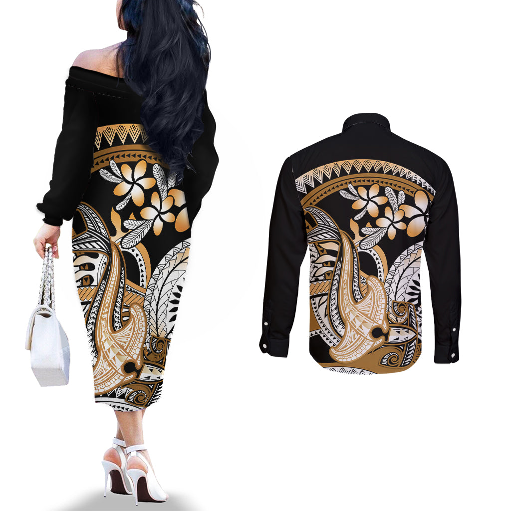 Gold Polynesian Hammerhead Shark Tattoo Couples Matching Off The Shoulder Long Sleeve Dress and Long Sleeve Button Shirt Royal Plumeria Gradient Vibes LT14 - Polynesian Pride