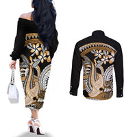Gold Polynesian Hammerhead Shark Tattoo Couples Matching Off The Shoulder Long Sleeve Dress and Long Sleeve Button Shirt Royal Plumeria Gradient Vibes LT14 - Polynesian Pride