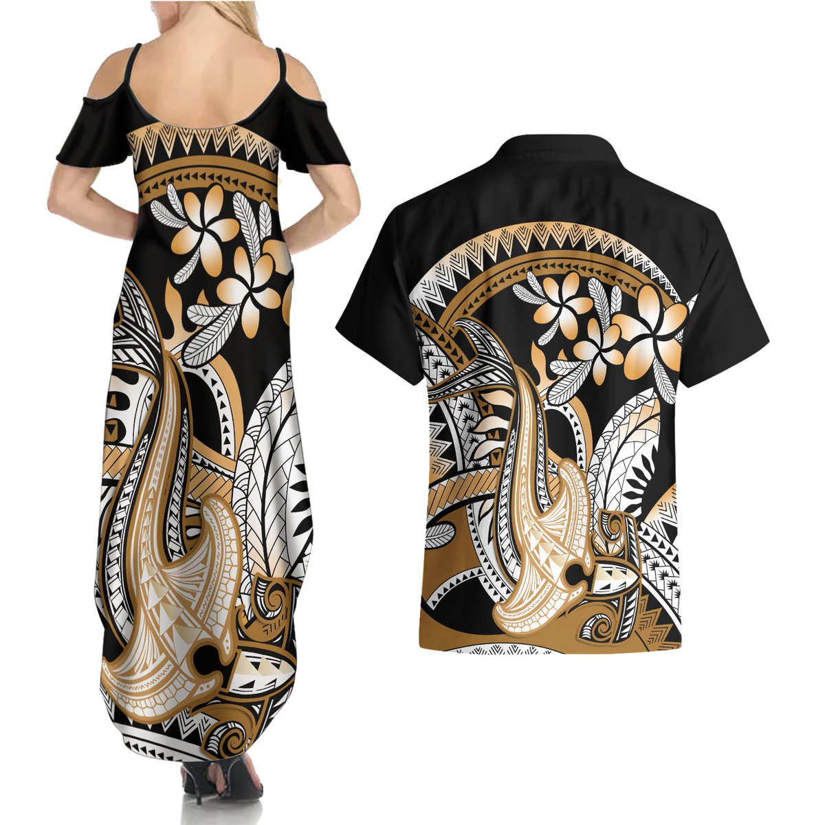 Gold Polynesian Hammerhead Shark Tattoo Couples Matching Summer Maxi Dress and Hawaiian Shirt Royal Plumeria Gradient Vibes LT14 - Polynesian Pride