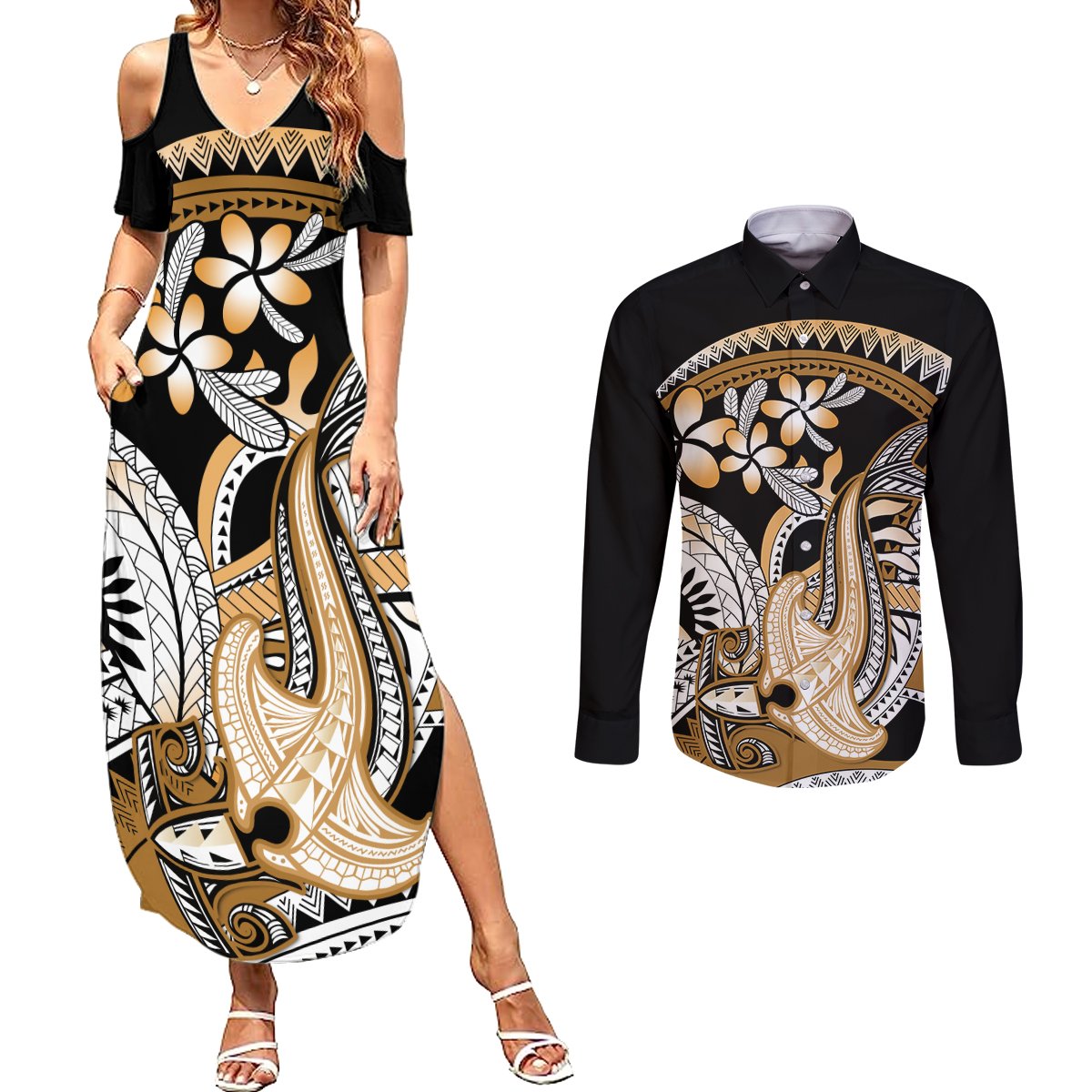 Gold Polynesian Hammerhead Shark Tattoo Couples Matching Summer Maxi Dress and Long Sleeve Button Shirt Royal Plumeria Gradient Vibes LT14 Gold - Polynesian Pride