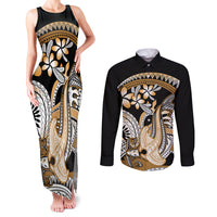 Gold Polynesian Hammerhead Shark Tattoo Couples Matching Tank Maxi Dress and Long Sleeve Button Shirt Royal Plumeria Gradient Vibes LT14 Gold - Polynesian Pride