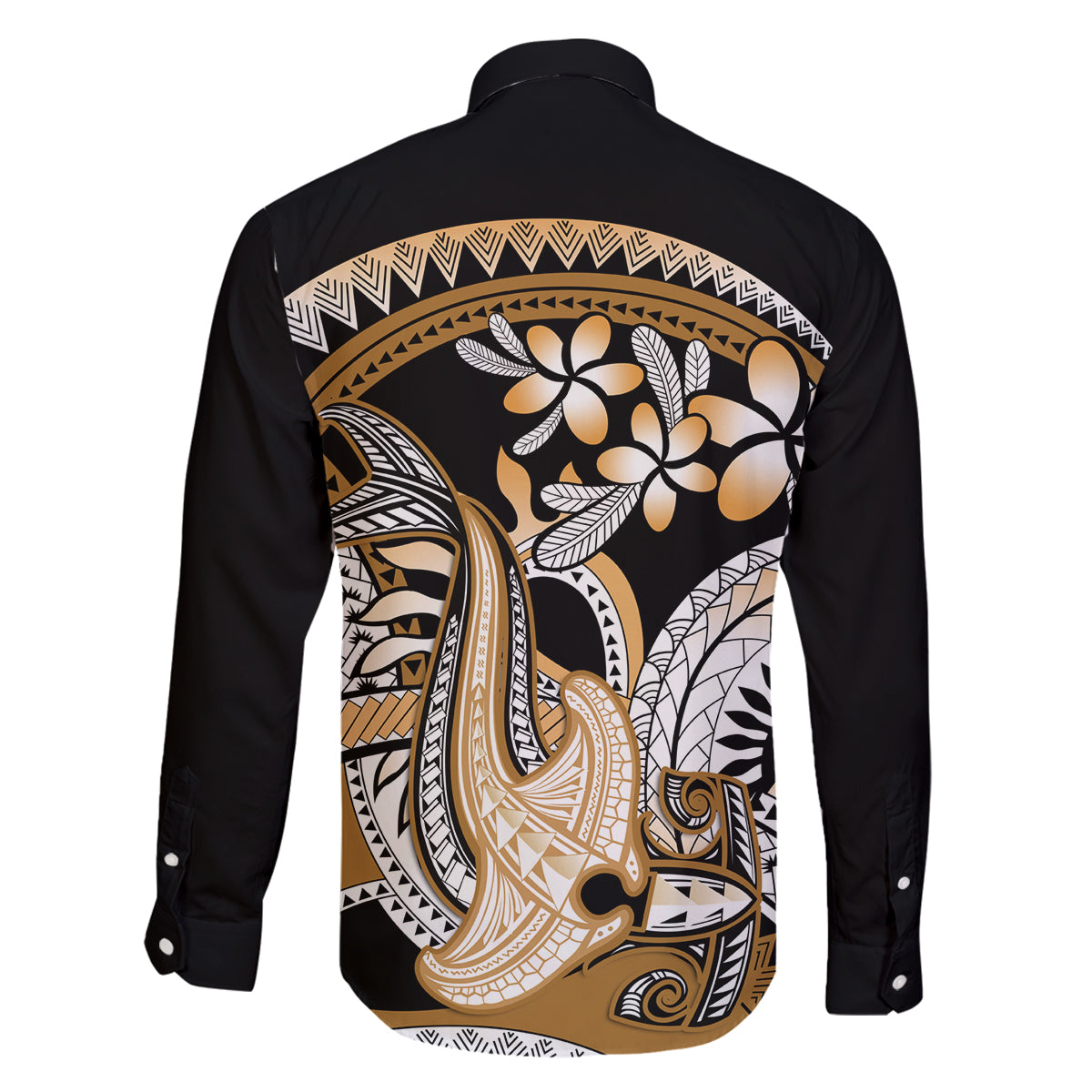 Gold Polynesian Hammerhead Shark Tattoo Family Matching Off Shoulder Maxi Dress and Hawaiian Shirt Royal Plumeria Gradient Vibes LT14 - Polynesian Pride