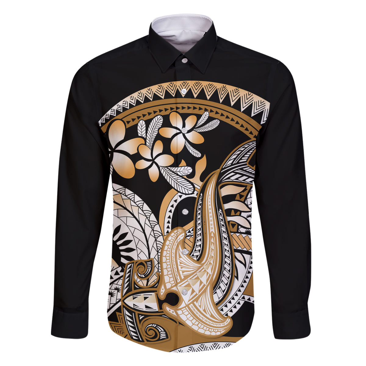 Gold Polynesian Hammerhead Shark Tattoo Family Matching Tank Maxi Dress and Hawaiian Shirt Royal Plumeria Gradient Vibes LT14 Dad's Shirt - Long Sleeve Gold - Polynesian Pride