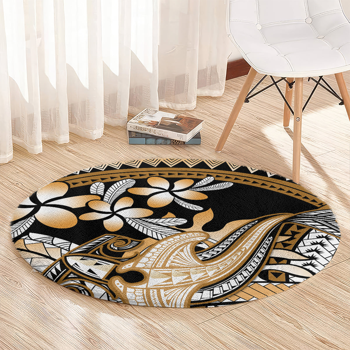 Gold Polynesian Hammerhead Shark Tattoo Round Carpet Royal Plumeria Gradient Vibes LT14 - Polynesian Pride
