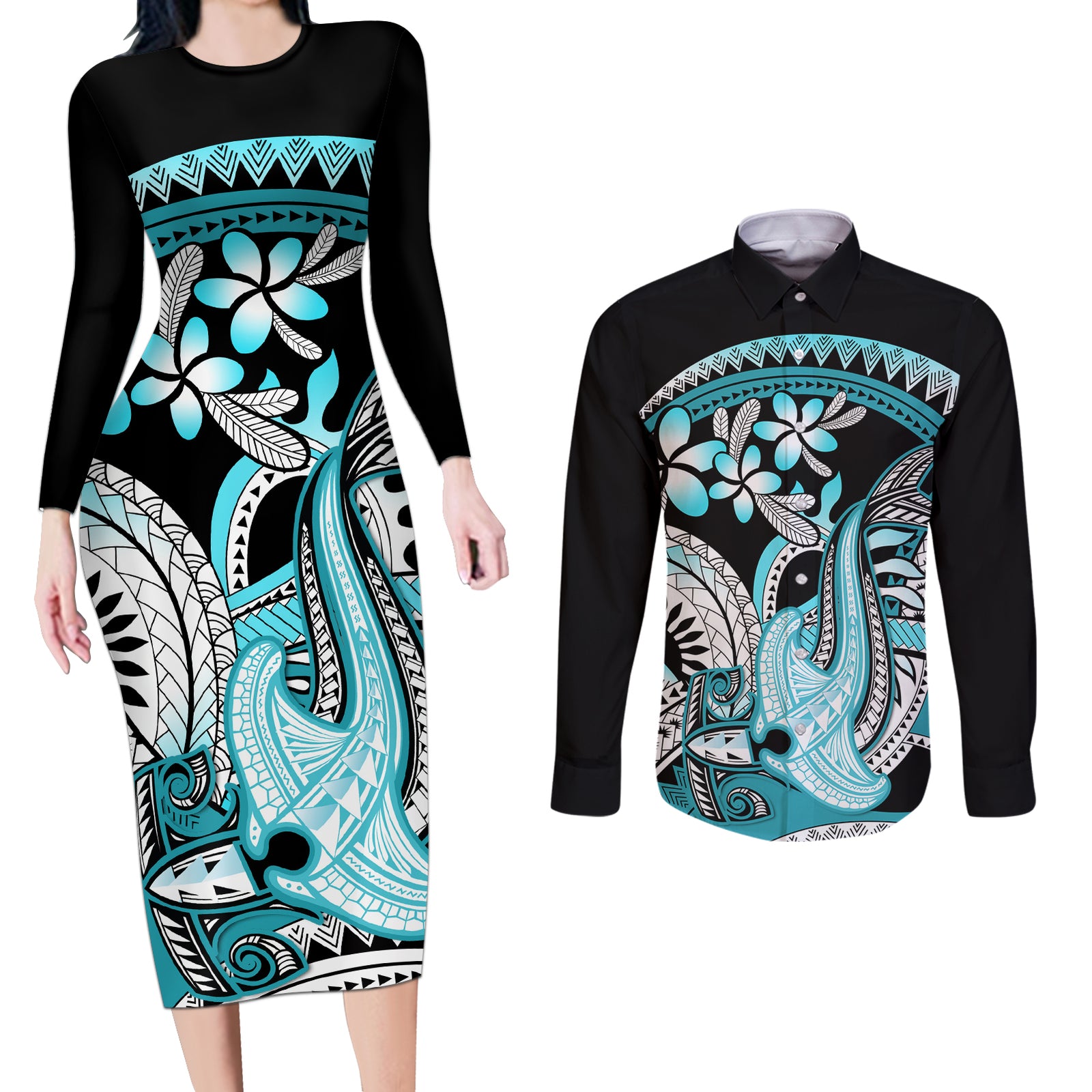 Turquoise Polynesian Hammerhead Shark Tattoo Couples Matching Long Sleeve Bodycon Dress and Long Sleeve Button Shirt Royal Plumeria Gradient Vibes LT14 Turquoise - Polynesian Pride