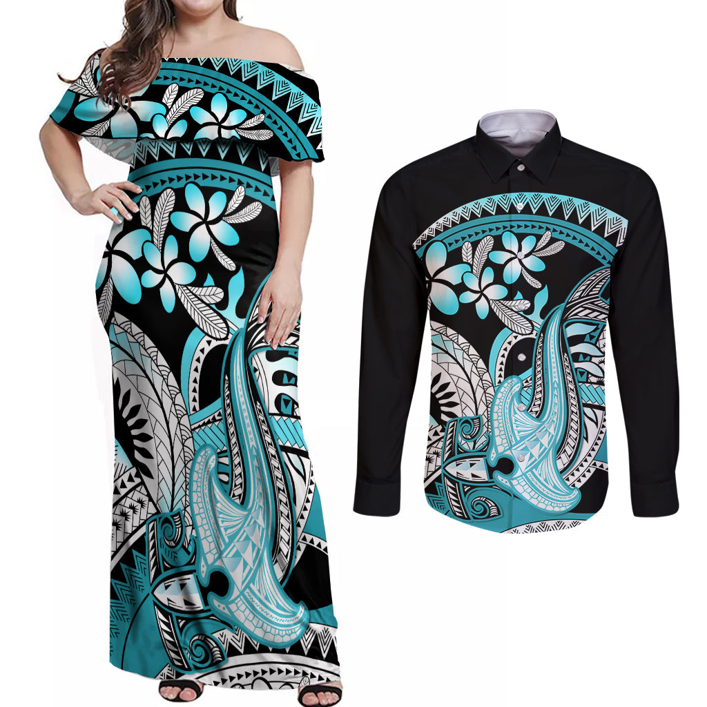 Turquoise Polynesian Hammerhead Shark Tattoo Couples Matching Off Shoulder Maxi Dress and Long Sleeve Button Shirt Royal Plumeria Gradient Vibes LT14 Turquoise - Polynesian Pride