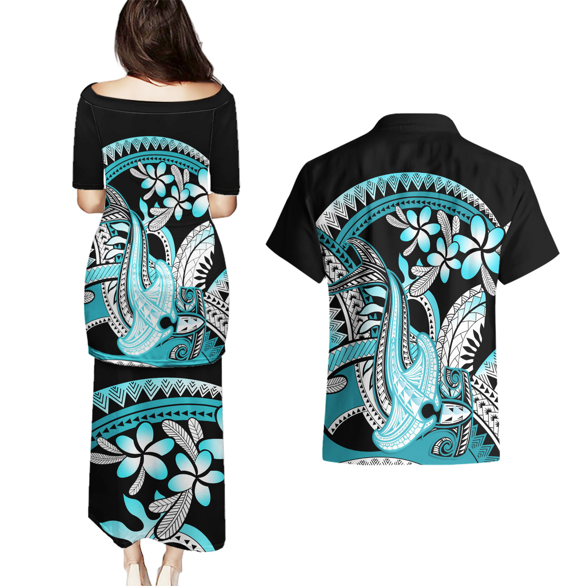 Turquoise Polynesian Hammerhead Shark Tattoo Couples Matching Puletasi and Hawaiian Shirt Royal Plumeria Gradient Vibes LT14 - Polynesian Pride