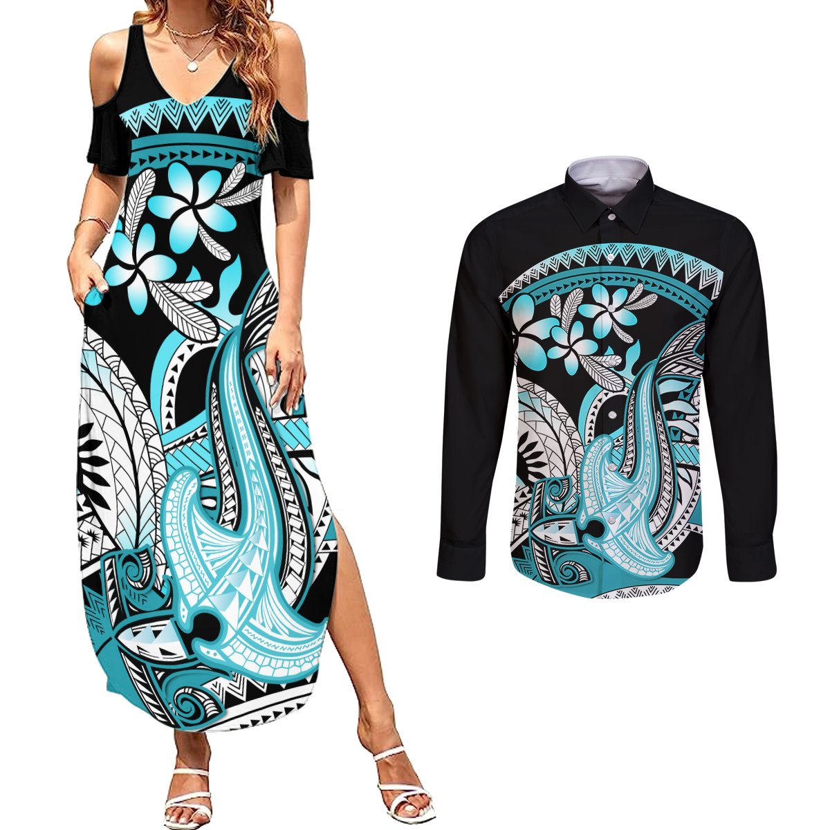 Turquoise Polynesian Hammerhead Shark Tattoo Couples Matching Summer Maxi Dress and Long Sleeve Button Shirt Royal Plumeria Gradient Vibes LT14 Turquoise - Polynesian Pride