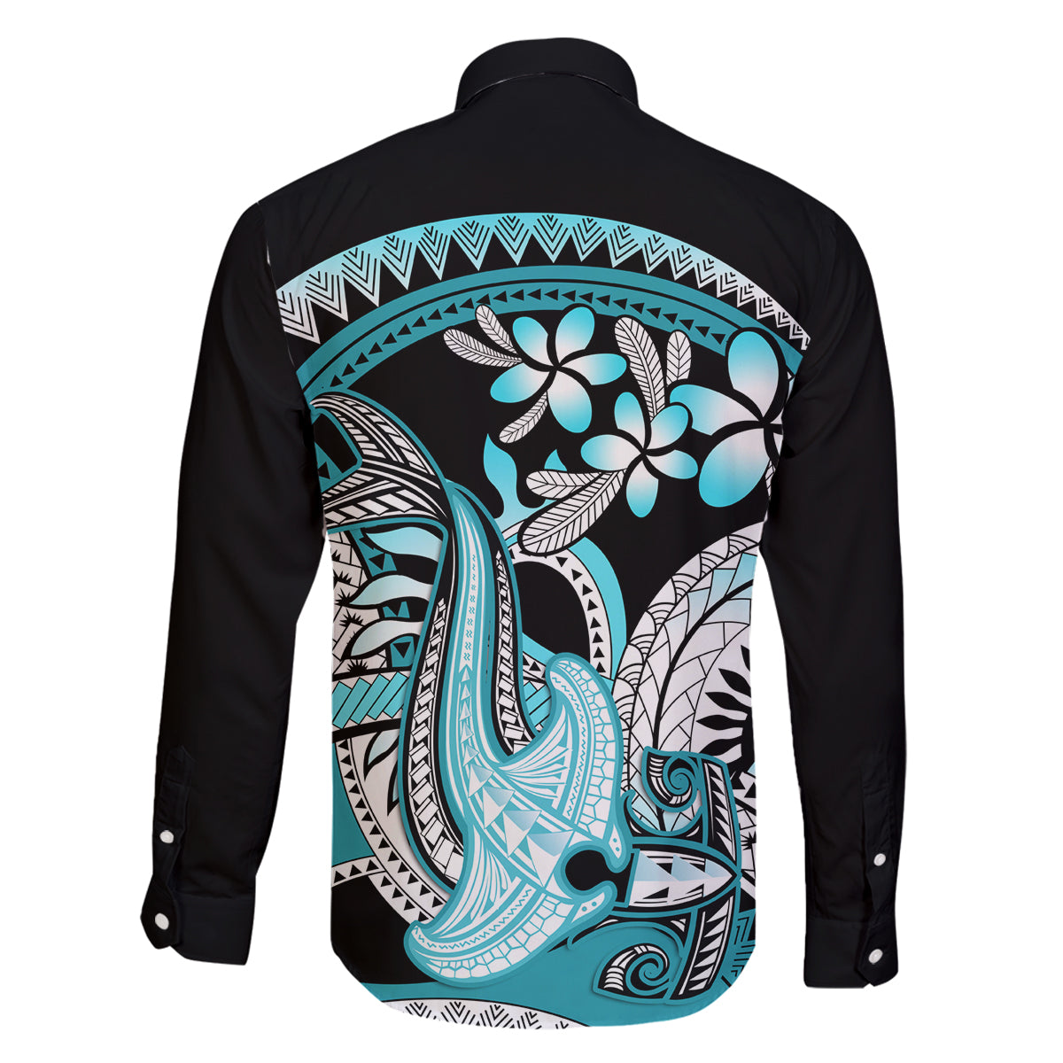 Turquoise Polynesian Hammerhead Shark Tattoo Family Matching Off Shoulder Maxi Dress and Hawaiian Shirt Royal Plumeria Gradient Vibes LT14 - Polynesian Pride