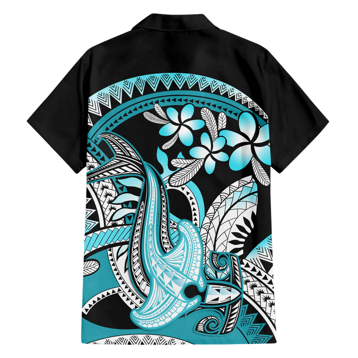 Turquoise Polynesian Hammerhead Shark Tattoo Family Matching Short Sleeve Bodycon Dress and Hawaiian Shirt Royal Plumeria Gradient Vibes LT14 - Polynesian Pride