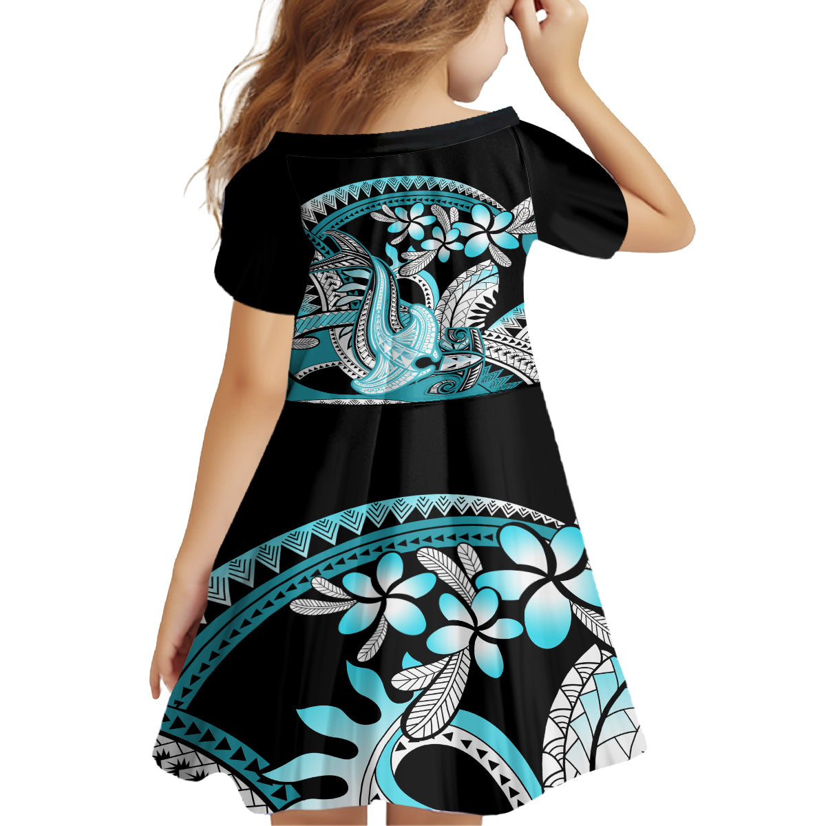 Turquoise Polynesian Hammerhead Shark Tattoo Kid Short Sleeve Dress Royal Plumeria Gradient Vibes LT14 - Polynesian Pride