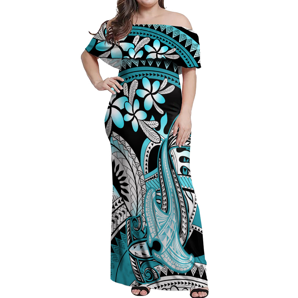 Turquoise Polynesian Hammerhead Shark Tattoo Off Shoulder Maxi Dress Royal Plumeria Gradient Vibes LT14 Women Turquoise - Polynesian Pride