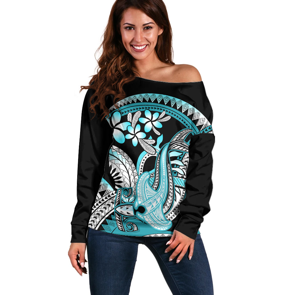 Turquoise Polynesian Hammerhead Shark Tattoo Off Shoulder Sweater Royal Plumeria Gradient Vibes LT14 Women Turquoise - Polynesian Pride