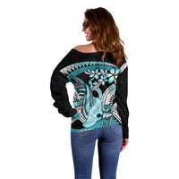 Turquoise Polynesian Hammerhead Shark Tattoo Off Shoulder Sweater Royal Plumeria Gradient Vibes LT14 - Polynesian Pride