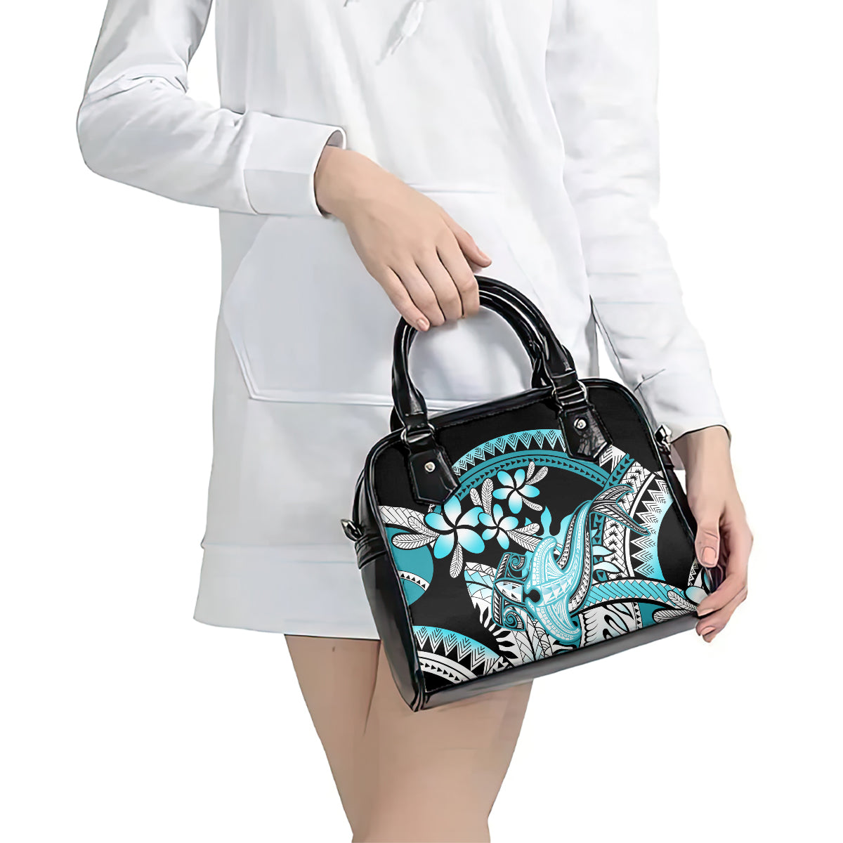 Turquoise Polynesian Hammerhead Shark Tattoo Shoulder Handbag Royal Plumeria Gradient Vibes LT14 - Polynesian Pride