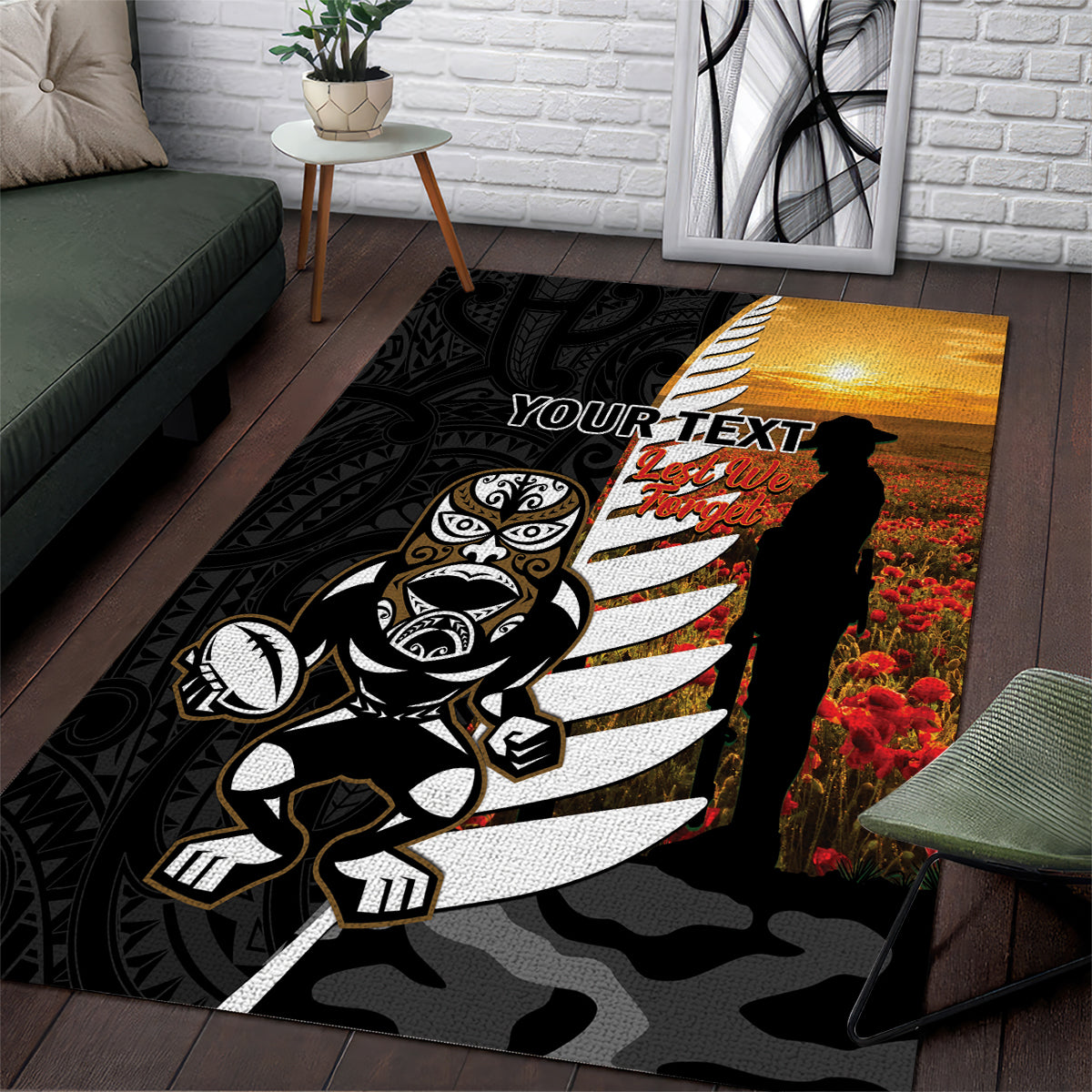 Custom New Zealand Silver Fern Rugby ANZAC Day Area Rug 2024 All Black Tiki Mascot LT14 Black - Polynesian Pride
