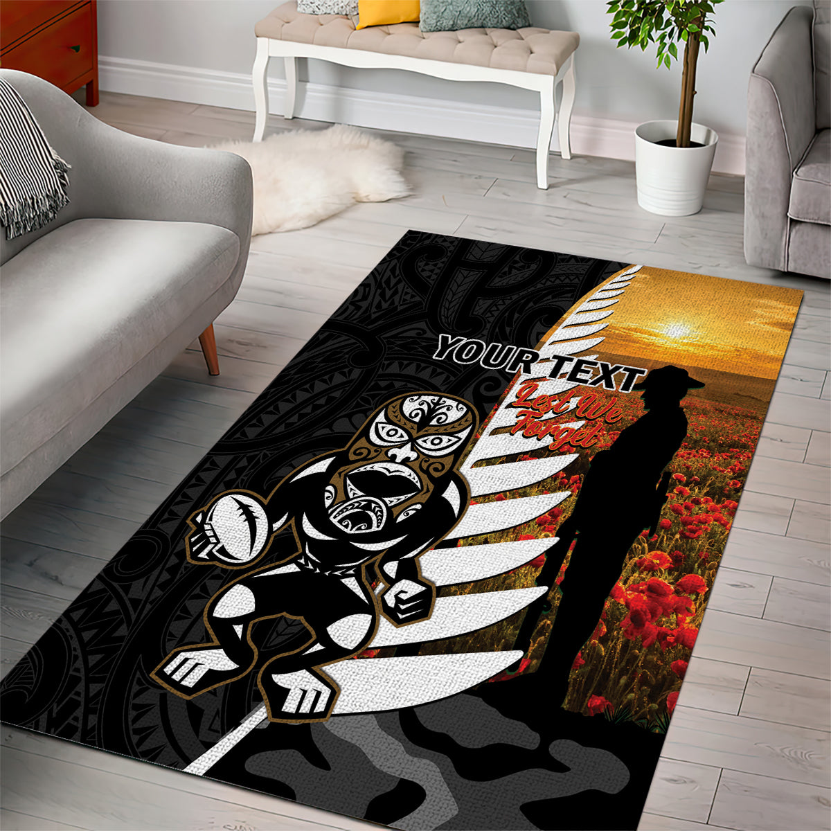 Custom New Zealand Silver Fern Rugby ANZAC Day Area Rug 2024 All Black Tiki Mascot LT14 - Polynesian Pride