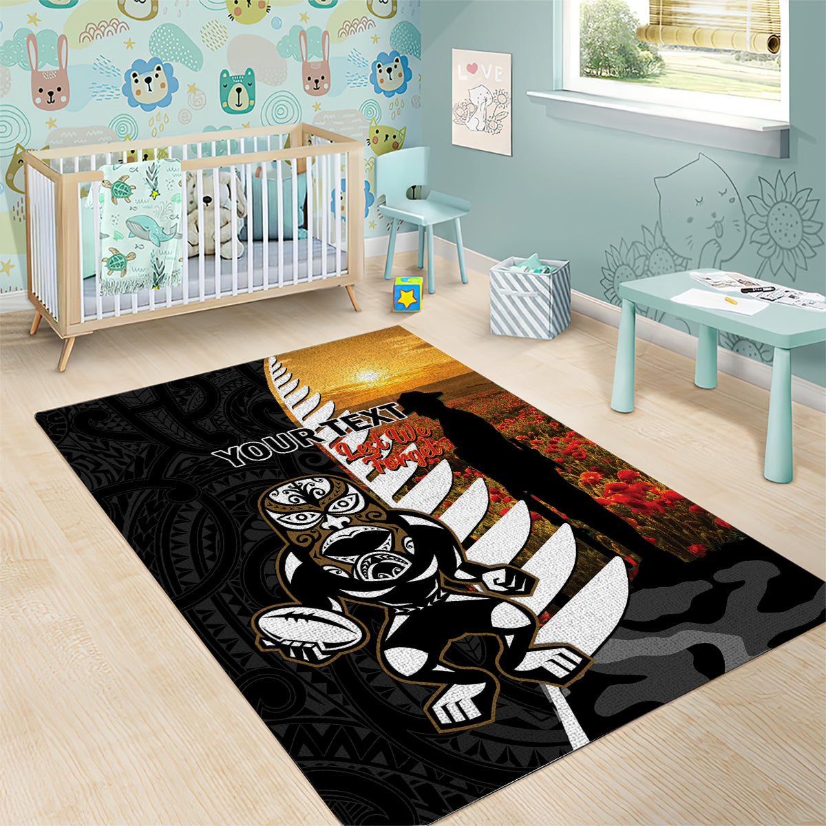 Custom New Zealand Silver Fern Rugby ANZAC Day Area Rug 2024 All Black Tiki Mascot LT14 - Polynesian Pride